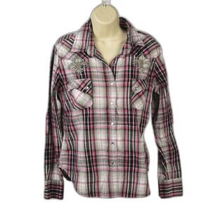 Rock & Roll Cowgirl Western Chic Pink Plaid Rhinestone Shirt Size L